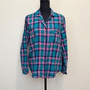 Victoria's Secret Flannel Pajama Top Teal Pink Plaid Button Down Sleep Shirt S